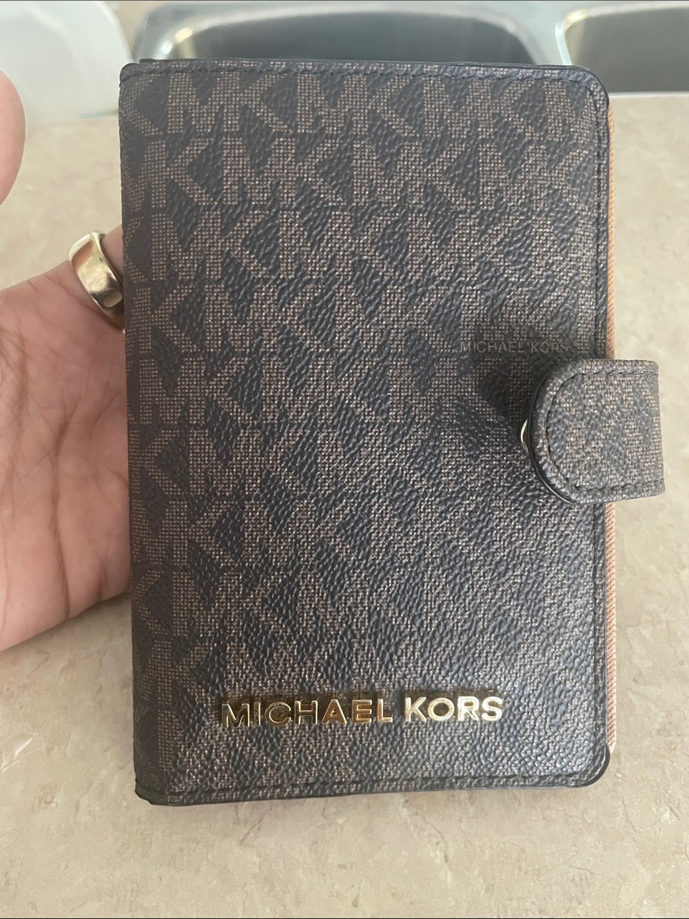 Michael Kors Brown/Black MK Logo Passport Holder with Gold Hardware